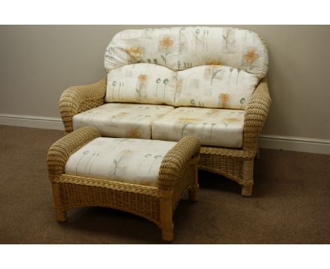 Four piece cane and rattan conservatory suite with upholstered loose cushions - three seat sofa (L148cm), pair armchairs and 