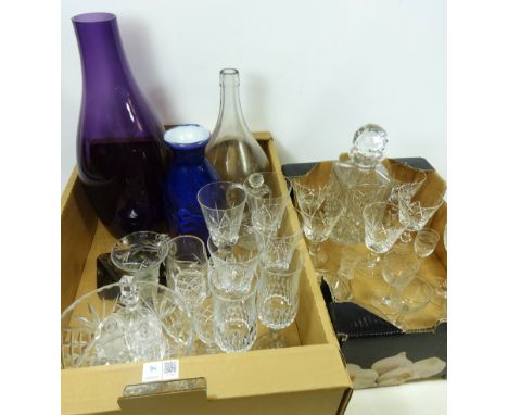 Stuart crystal drinking glasses, crystal decanter, large amethyst glass vase and other glassware in two boxes   Condition Rep