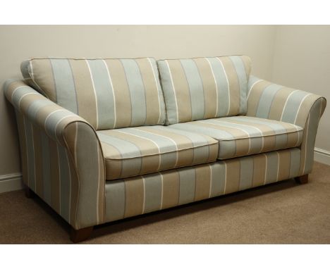 Marks & Spencer Home grand sofa upholstered in stripe cover, mahogany finish feet, L   Condition Report   Click here for furt