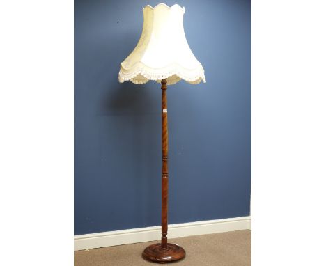 Turned wood standard lamp with shade   Condition Report   Click here for further images, condition, auction times & delivery 