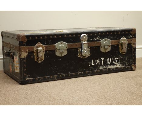 Vintage travelling trunk with Orient Line, BP and other labels   Condition Report   Click here for further images, condition,