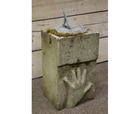 Sundial on composite stone plinth with carved hand, H47cm   Condition Report   Click here for further images, condition, auct