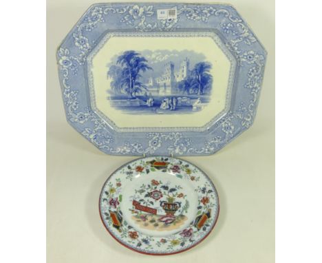 19th Century blue and white meat plate and a 19th Century Chinese Scroll pattern plate (2)   Condition Report   Click here fo