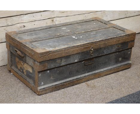 Early 20th century wooden and metal bound travelling trunk, with metal lining, W100cm   Condition Report   Click here for fur