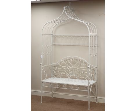 White finish metal garden pointed arch trellis bench, W111cm, H217cm, D52cm