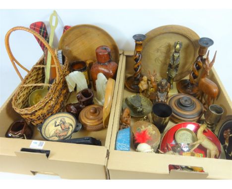 Large 19th Century heavy brass ladle, treen boxes, pair of oak barley twist candlesticks and miscellanea in two boxes   Condi