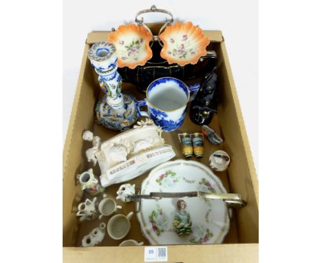 19th Century bisque planter decorated with a seated child and turkeys, 19th Century blue and white loving cup, Victorian cow 
