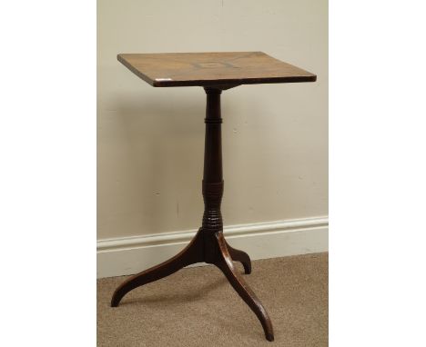 Early 19th century country walnut tilt top tripod table with rosewood inlay, 42cm x 43cm, H70cm