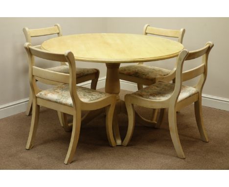 Light washed pine circular dining table (D121cm, H76cm), and four chairs with upholstered drop in seats