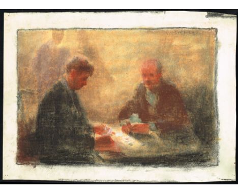 William Mason (1906-2002) TWO SCENES FROM KELLY'S CELLERS, BELFAST, 1970 and SCENE OF MEN PLAYING CARDS (SET OF THREE) pastel