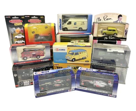 Corgi - eighteen modern die-cast models including racing cars, Land Rovers, Thornycroft Box Van, Ford Transit and Bedford Van