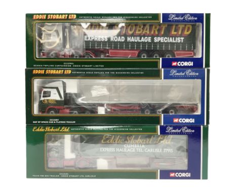 Corgi Eddie Stobart - three limited edition lorries; CC12901 Scania Topline Curtainside; CC13101 Volvo F88 Box Trailer; and C