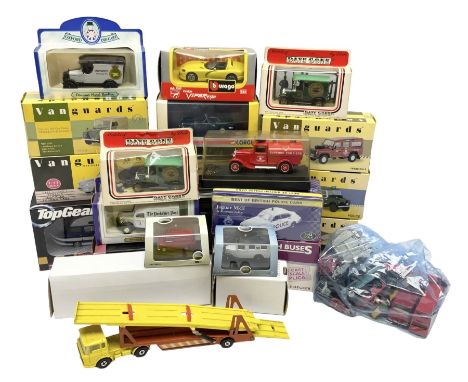 Eight Vanguards die-cast models by Corgi, Hornby and Lledo including Land Rovers, Ford Anglia and Triumph; together with thir