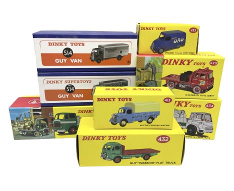 Eight Atlas Dinky die-cast models including, Bedford TK Coal Lorry no. 425, Guy Warrior Flat Truck no. 432, two Guy Van no. 5