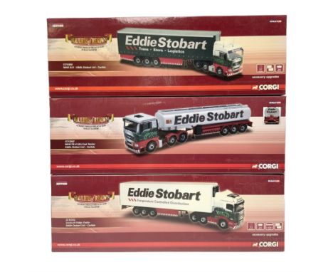 Corgi Eddie Stobart - three Hauliers of Renown lorries; CC13722 Scania R Fridge Trailer; CC15202 MAN XLX; and CC15207 MAN TG-