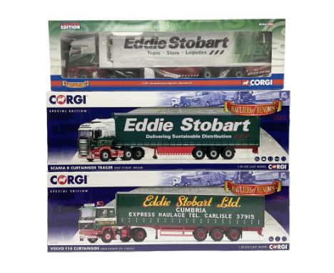 Corgi Eddie Stobart - two Special Edition Hauliers of Renown lorries; CC13749 Scania R Curtainside Trailer and CC15508 Volvo 