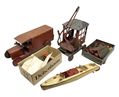 Hornby Racer 3 speedboat L45cm; pre-war Tri-ang sheet steel lorry and mobile crane; quantity of lead soldiers by Johillco etc