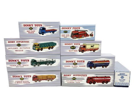 Nine Atlas Dinky die-cast models including, Guy Van "Heinz" no. 920, Foden Diesel 8-Wheel Wagon no.901, Guy Van no. 917, Fode
