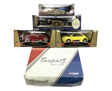 Two Bburago 1:18 scale die-cast models - Volkswagen New Beetle 1998 and Volkswagen Kafer-Beetle 1955; Corgi CC99109 Cooper 'S