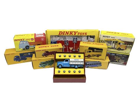 Ten Atlas Dinky die-cast models and accessories including, Bedford TK Tipper no. 435, Austin Wagon no. 412, two Miniatures, 2