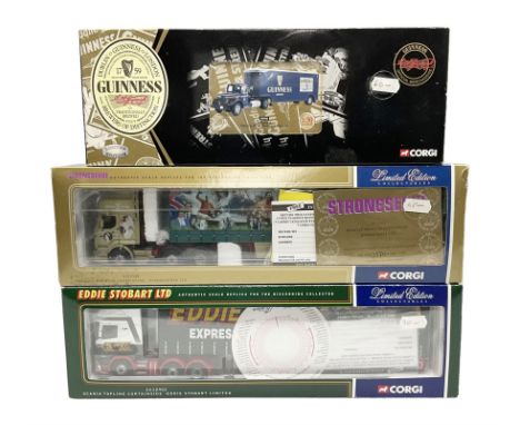 Corgi - three limited edition lorries comprising CC12901 Scania Topline Curtainside Eddie Stobart Limited; CC12104 Renault Pr