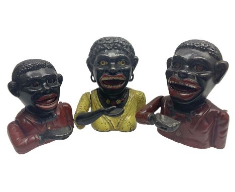Three early 20th century cast-iron mechanical money banks as a family group comprising mother 'Dinah' patented 1911, father '
