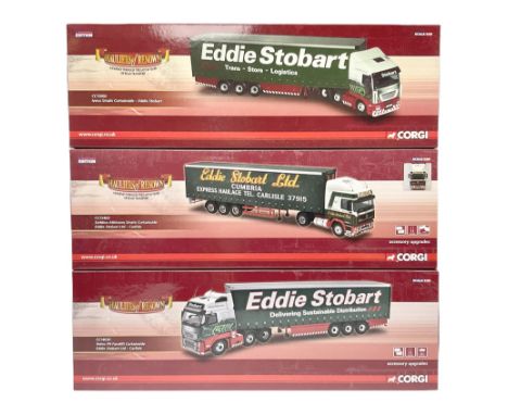 Corgi Eddie Stobart - three Hauliers of Renown lorries; CC14030 Volvo FH Facelift Curtainside; CC15002 Iveco Stralis Curtains
