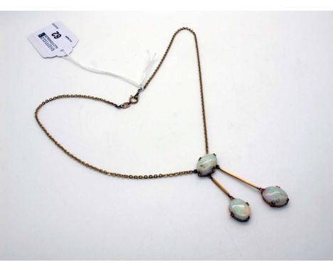 An Opal Negligee Pendant, oval cabochon set, on bar suspensions stamped "9ct", to 9ct gold chain.