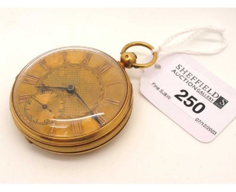 An 18ct Gold Cased Openface Pocket Watch, the engine turned dial with Roman numerals and seconds subsidiary dial, the movemen