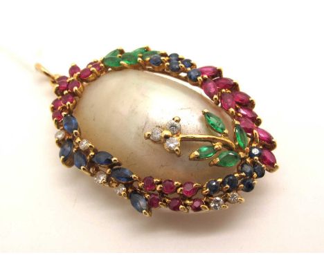 A Modern Mabé Pearl, Diamond, Ruby, Emerald and Sapphire Set Pendant, of oval form within multi claw set border (overall leng