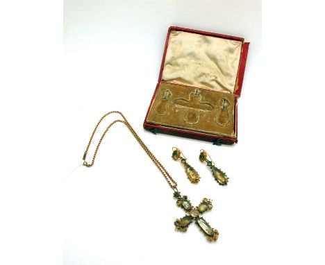 An Antique Cross Pendant, collet set, with filigree decoration (closed back settings / dents / lacking brooch fitting), on an