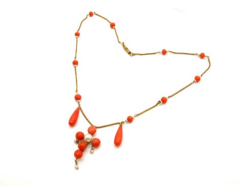 An Antique Coral and Pearl Drop Necklace, composed of chain and bead necklace, suspending double drops and centre cross penda