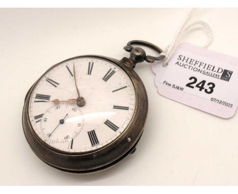 A Hallmarked Silver Cased Pair Cased Pocket Watch, the (cracked) white enamel dial with black Roman numerals and seconds subs