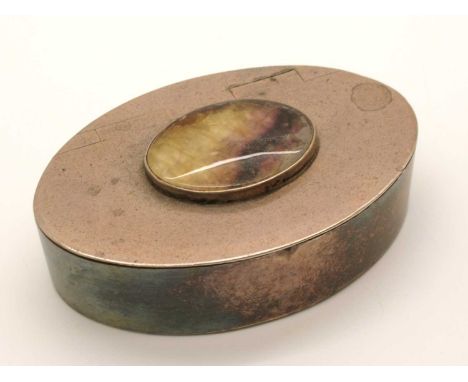 A Hallmarked Silver Trinket / Pill Box, CS, Sheffield 1976, of plain oval form Blue John cabochon set to the centre, flush hi