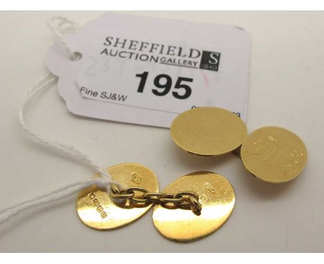 A Pair of 18ct Gold Cufflinks, the flat oval panels part initialled, on chain connections (5.5grams).
