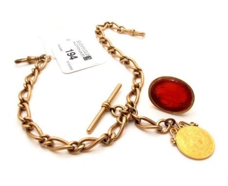 A 9ct Rose Gold Curb Link Double Albert Chain, to 9ct gold swivel style clasp and a non gold swivel clasp, suspending T-bar a