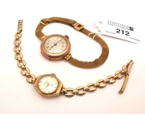 A Vintage 9ct Gold Cased Ladies Wristwatch, on a Rolled Gold mesh link bracelet; together with a Rotary 9ct gold cased ladies