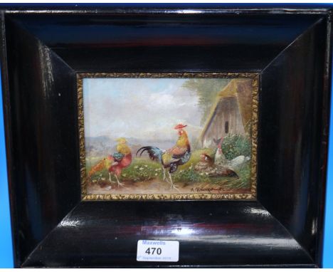 20th Century Continental School:  oil on panel, rooster and hens, indistinctly signed, 4½" x 6", framed
