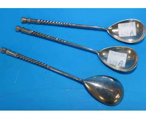 Three Russian silver spoons marked in Cyrillic for Fabergé, c. 1905, 2.2 oz.