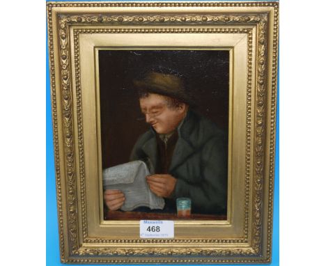 Irish School:  late 19th/early 20th century oil on panel, man seated at a bar reading newspaper, 9½" x 7½", gilt framed