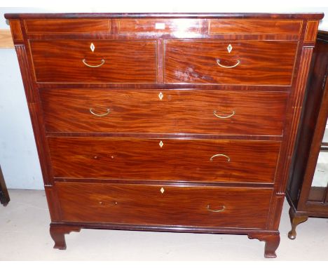 A large early 19th century mahogany chest of 3 long and 2 short drawers with boxwood and ebony line inlay, square reeded pill