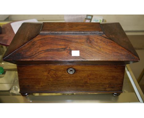 A William IV rosewood sarcophagus tea caddy, fitted interior with 2 boxes and moulded glass bowl, mother-of-pearl key escutch