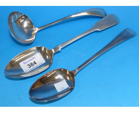 A fiddle pattern tablespoon, London 1836; a bright cut tablespoon, London 1784; a ribbed sauce ladle, Sheffield 1959, 6½ oz.