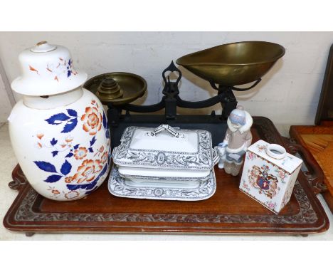 A weighing scale; a wood tray; a Lladro figure; tea bottle and other pottery; various framed prints by Robert Austin