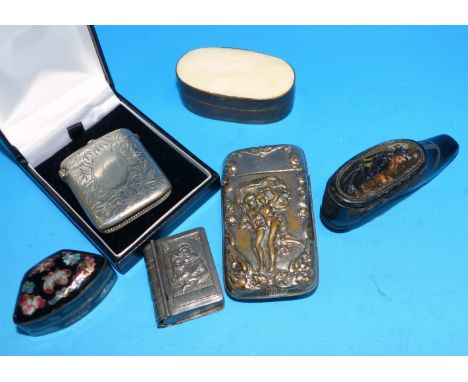 A hallmarked silver Vesta case; 2 similar silver plated cases; a novelty shoe snuff box; 2 other boxes