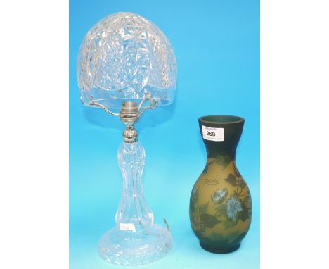 A cut glass table lamp; a reproduction "Gallé" overlaid vase