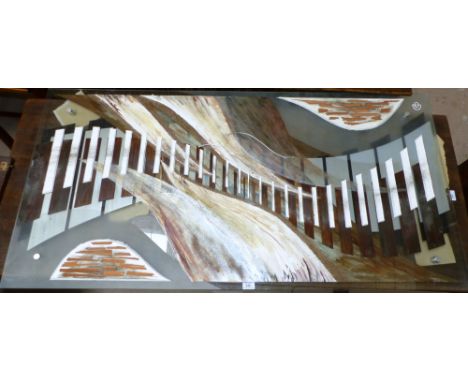 A large mixed media Art Glass panel by Svetlana Filippova, No. 185, painted in abstract manner, 29½" x 58½"