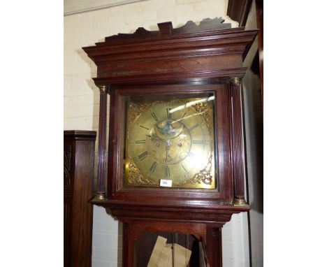 An 18th century crossbanded oak longcase clock, the hood with moulded cornice and reeded side pillars, similar quarter pillar