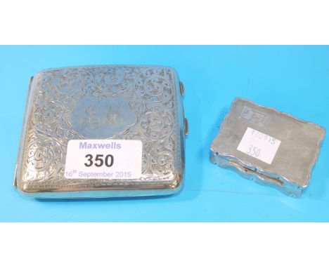 A shaped rectangular engine turned snuff box, Birmingham 1947; a chased cigarette case, Birmingham 1918