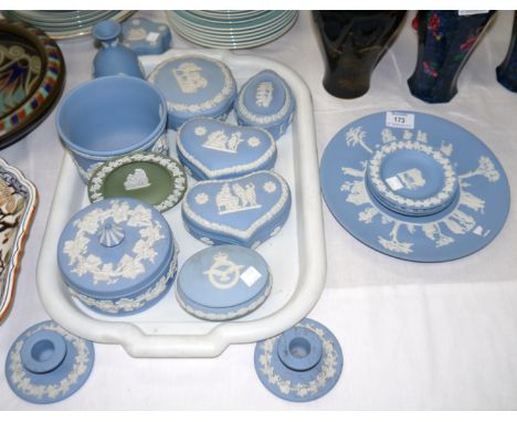 A pair of Wedgwood blue Jasper ware heart shaped boxes; four similar; a planter, a pair of candlesticks etc